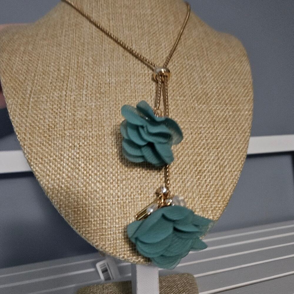 INC Gold Tone Teal Fabric Flower 40" Adjustable Lariat Necklace NWT Deadstock